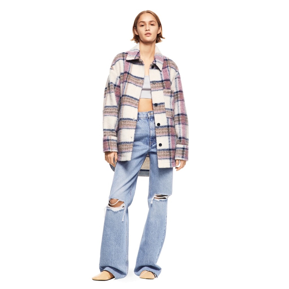 Zara Cream Plaid Button-Up Shacket with Pink and Blue Stripes